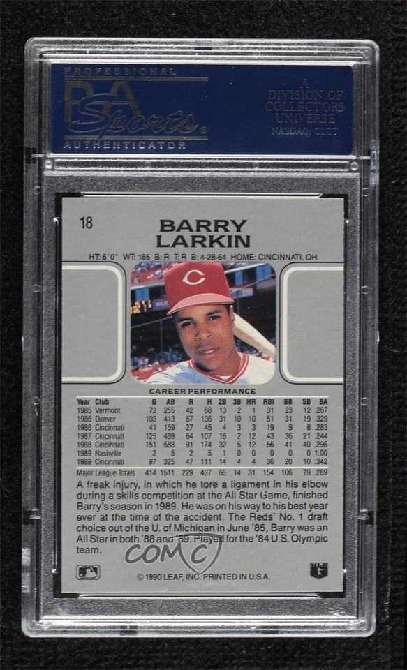 1990 Leaf Barry Larkin #18 PSA 10 GEM MT HOF - Image 2 of 2