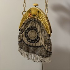 Rare Antique Beaded Fringe Purse Figural Asian Frame Chain Bag Vintage