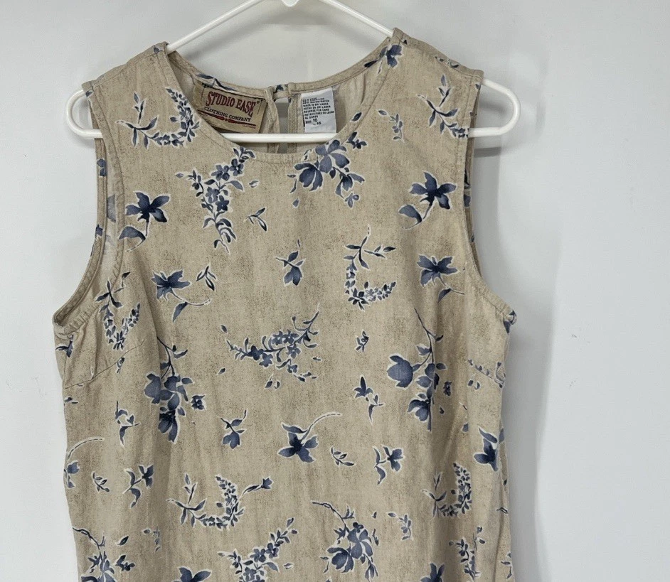 Maxi Vestido Studio Ease Vintage Para Mujer Años 90 Talla 16 Azul Beige Floral Mezcla de Lino Foto 2 de 4