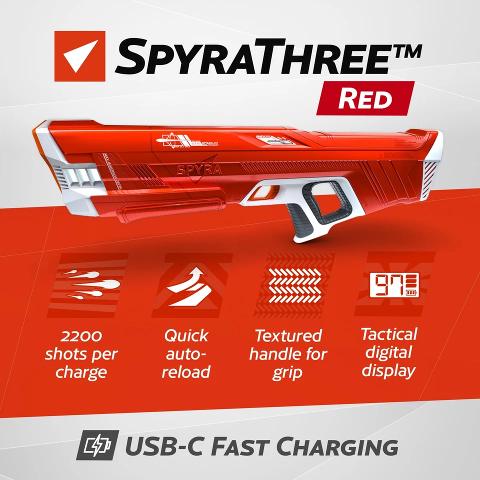 Pistola de chorro de agua eléctrica SPYRA para juegos de piscina, SpyraThree, roja Foto 2 de 4