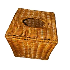 Vintage Square Wicker Tissue Box Cover – Boho Bathroom Rattan Holder 6”