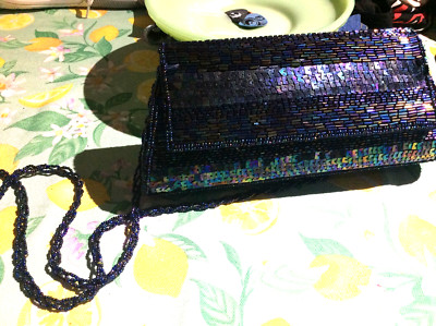 Bijoux Terner Navy Blue Beaded Evening Bag Clutch Purse with Weave Bead Strap