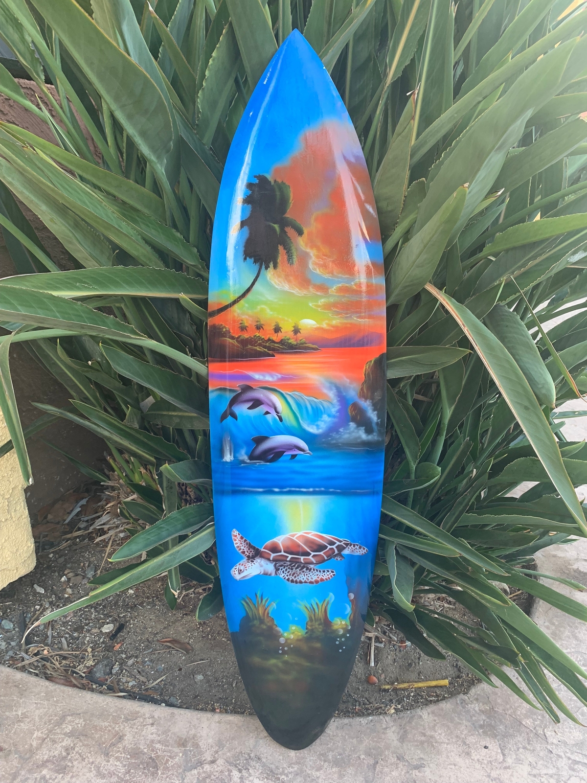 Tropical Ocean Sea Turtle Dolphin Airbrushed Mango Wood Decorative Surfboard