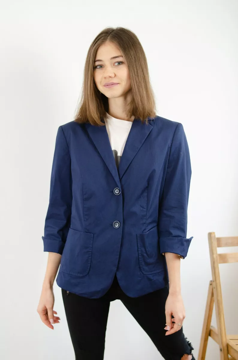 Comienzo Tamano relativo cafetería Max Mara Weekend Womens Navy Blue Blazer Jacket Cotton Sleeve 3/4 Size 38  |US 8| | eBay