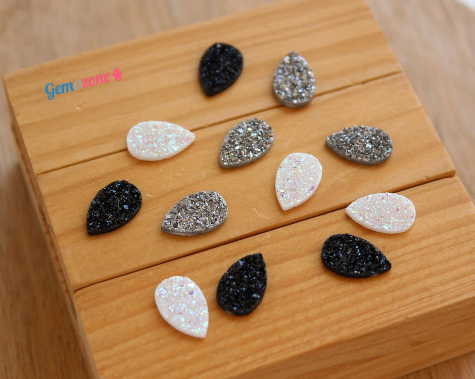 Natural Druzy Pear Cabochons Faux Drusy Silver Black White Loose Gemstone 6 PCS - Image 2 of 4
