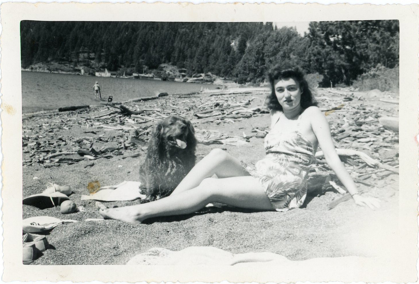 Vintage Beach Photo Woman in Swimsuit with Dog Pet 88
