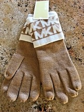 New Michael Kors Bordered Monogram MK Logo Knit Gloves Brown 48