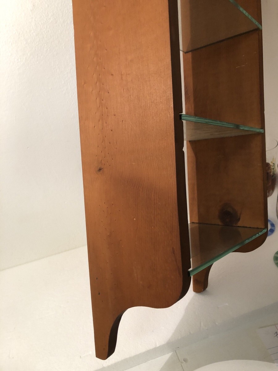 Vintage 24” Solid Wood Thick Glass 1970 Wall Mount Hutch Style