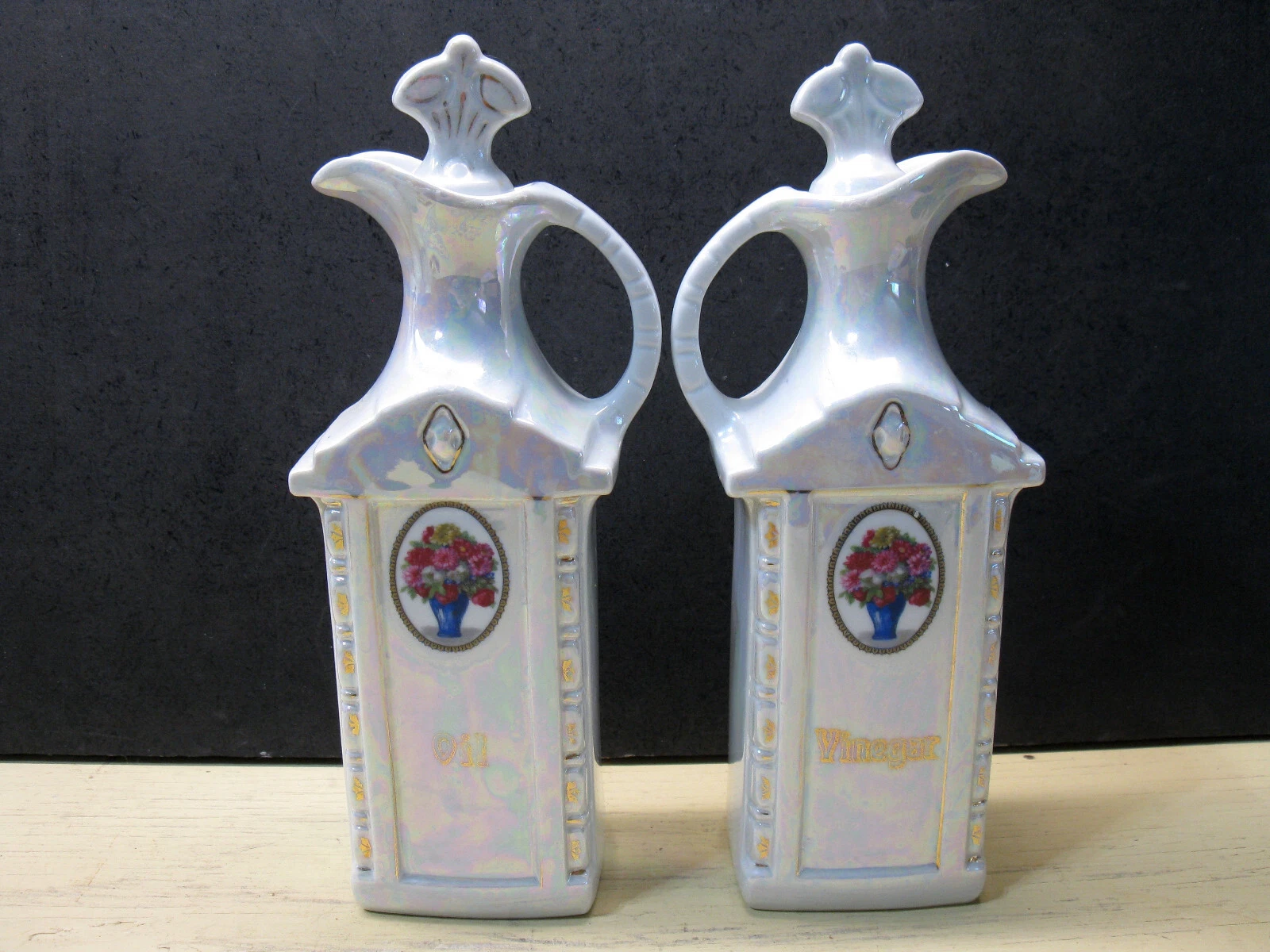 VTG Mepoco Ware Oil & Vinegar Cruets w/Stoppers Opalescent Lustre Germany