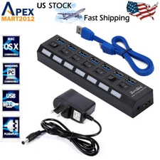 USB 3.0 Hub Charger Switch Splitter Powered AC Adapter 7 Port PC Laptop Desktop