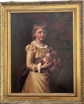 Sehr großes Gemälde in voller Länge Porträt einer jungen Dame mit Blumenpose