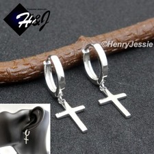MEN WOMEN SOLID 925 STERLING SILVER PLAIN CROSS DANGLE HUGGIE HOOP EARRING E244