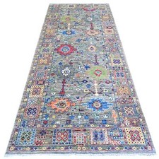 4'1"x9'8" Echo Gray Wool Peshawar Colorful Mahal Hand Knotted Runner Rug R74560