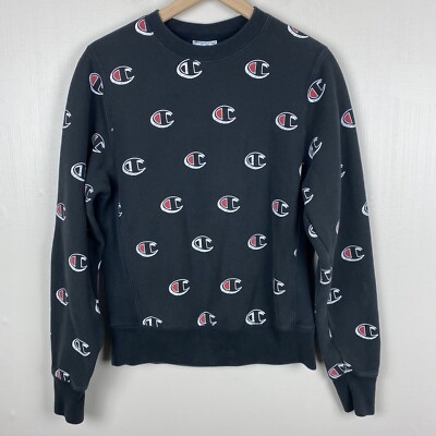 Champion Sweatshirt Unisex S Reverse Weave All Over Print Black Crewneck