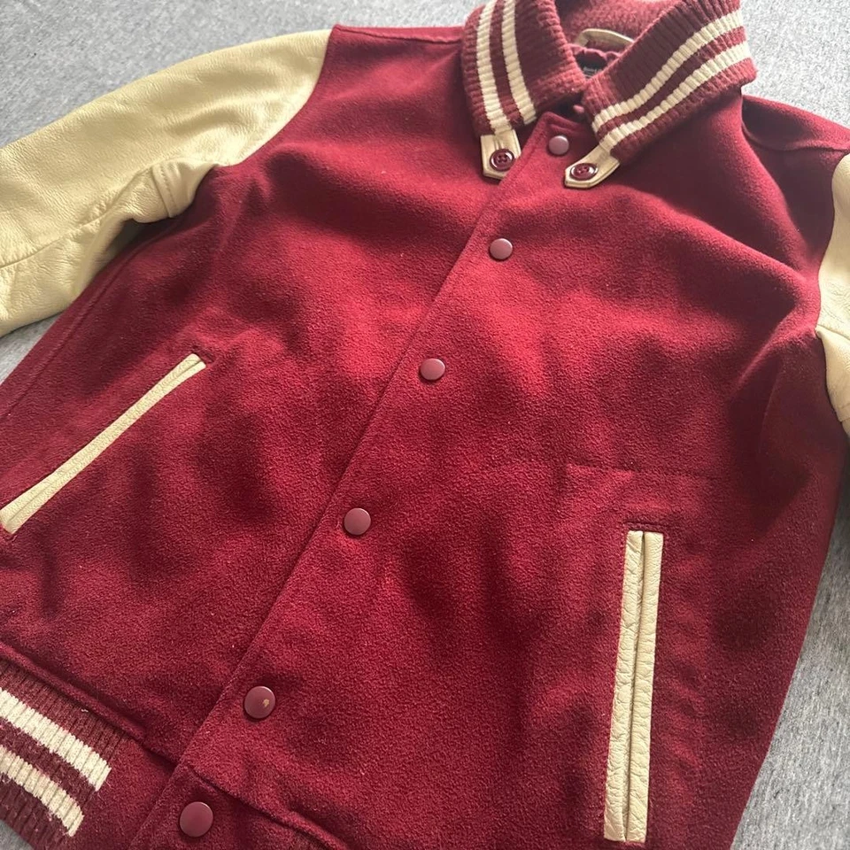 BEAMS Stadium Jacket Red Leather Wool Size M Used - Image 4 of 4