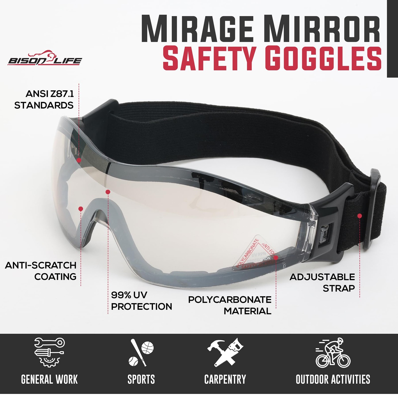 Mirage Vented Safety Goggles with Adjustable Elastic Band & Protective Pouch,...