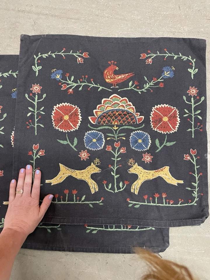 2 Pair IKEA Renrepe Swedish Folk Art Throw Pillow Covers Charcoal Grey 20" x 20" - Image 2 of 3