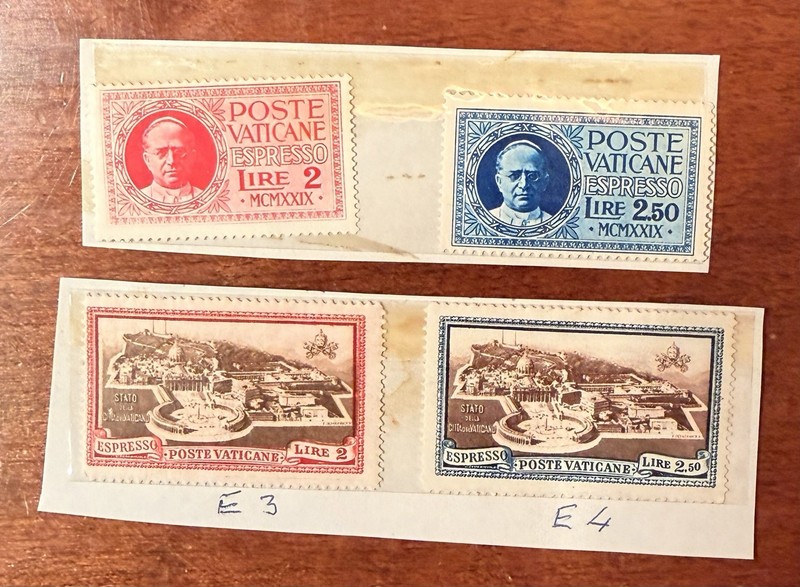 Vatican Special Delivery Stamps Lire 2, 2.50 Red Blue Brown Architecture Figures