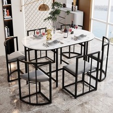Six-chair Dining Table Set White Table, Chairs With Backrests And Gray Cushions,