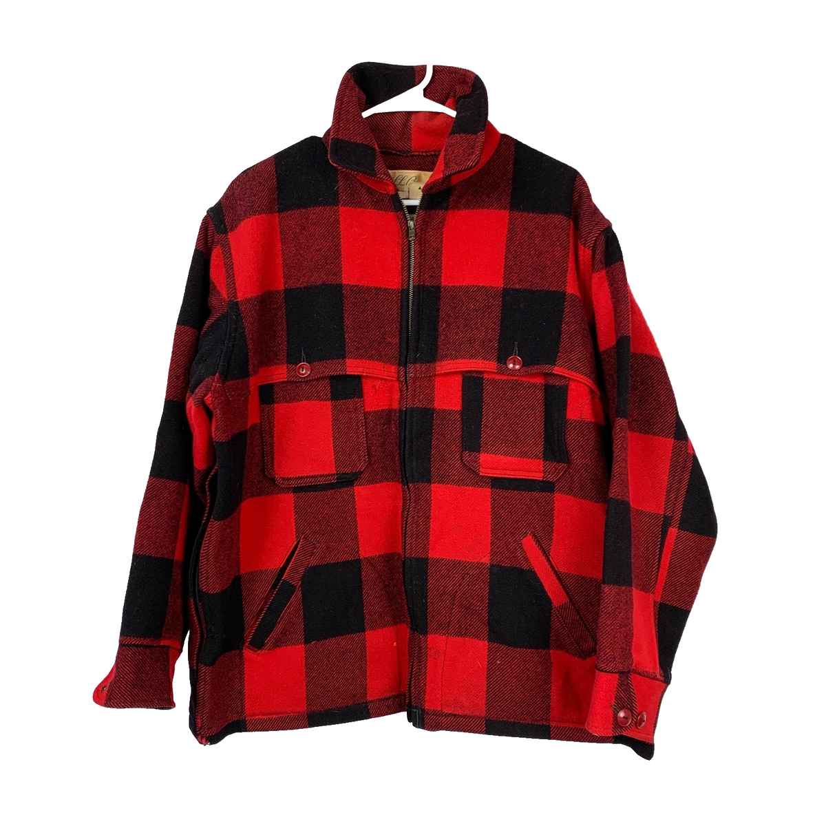 60〜70s vintage wool collarless jacket Vintage 60s 70s LL Bean Mackinaw Red Black Plaid Wool Jacket Mens
