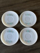 Vintage MCM 1950s Fire King Bonnie Blue Flower Milk Glass Saucers 6  lot of 4