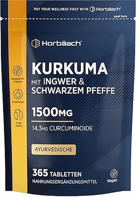 HORBÄACH Curcuma Extrakt +Ingwer &Schwarzer Pfeffer 1500mg, 1 Jahr Vorrat, 365 Vegane Stk