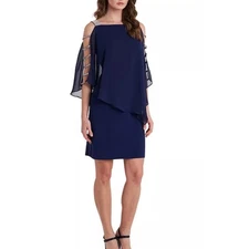 MSK Embellished Dress Split Sleeve Chiffon Overlay Blue Sz XL Cocktail Holiday  