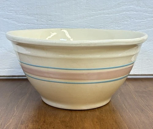 Vintage McCoy Pottery Pink & Blue Stripe 10" Nesting Bowl Oven Ware USA
