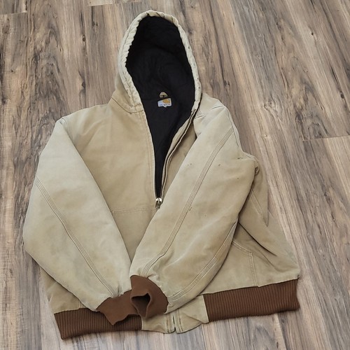Carhartt Men's XL Hooded Tan Brown Jacket RN #14806 Quilted Interior Distressed