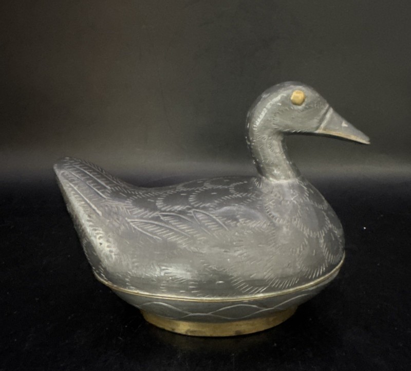 Antique Heavy Pewter Duck Trinket Dish Lidded Box Made in Hong Kong 5” X 4”