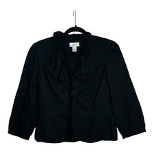 Ann Taylor Loft Womens Black Ruffle Front Cotton Blazer Jacket Size 6 Hook Eye