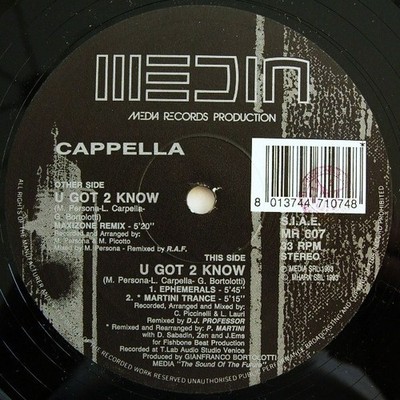 Cappella U Got 2 Know (Remixes) 12'' 1993 Progressive House, House, Techno (VG+ /