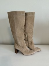 Beige Suede Knee High Block Heel Riding Boot Almond Toe Zip Women's Solid