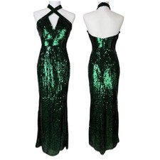 Mac Duggal NWT Emerald Green Fully Sequin Halter Gown Cutout Side Slit Size 2