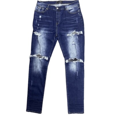 Amiri MX1 Skinny Jeans Size 38 Blue Black Leather Distressed 35