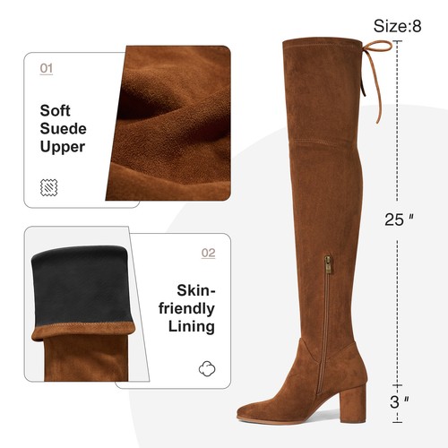 SUEDI Women's Over-The-Knee Boots Suede Tie & Zipper Block Heel Thigh High Boots - Picture 34 of 48