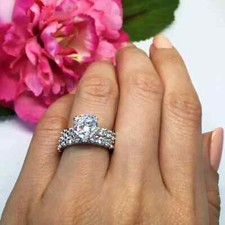2Ct Round Lab Created Diamond Engagement Bridal Set Ring Solid 14K White Gold FN