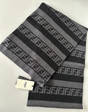 NWT 470 Fendi FF Logo Wool Black/Grey Scarf 12W x 73.5L FXS124 Italy