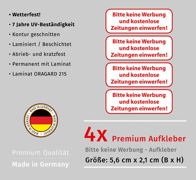 Bitte keine Werbung 4x Aufkleber für Briefkasten Wetterfest und UV Beständig