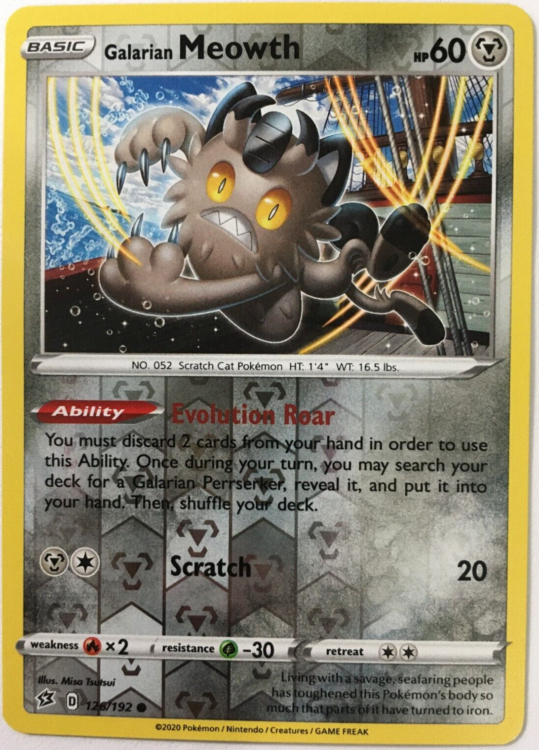 POKEMON GALARIAN MEOWTH 126/192 REBEL CLASH COMMON REVERSE HOLO NEAR MINT