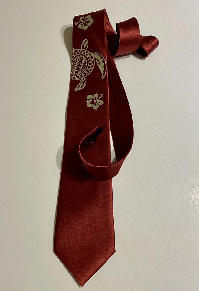 Corbata tortuga hawaiana, única y fresca, vida en la isla, divertida, corbata borgoña Foto 3 de 4