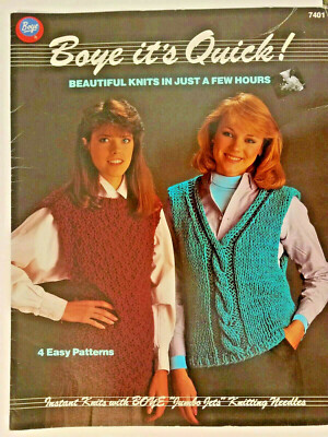 Boye 7401 BEAUTIFUL KNITS 4 easy knit patterns 4pg leaflet afghan scarf vest