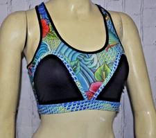 NEW NWT Luli Fama Fit Womens Sport Bra Size L Blue Black Retro Tattoo Print Mesh