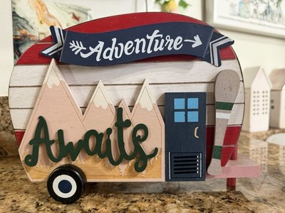 Camper Shaped Adventure Wood Tabletop Decorative Sign, Multicolor, Painted