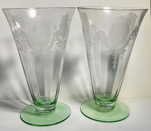 Monongah Etched Little Bo-Peep Ice Tea Tumbler Green Depression Glass 1920s #854