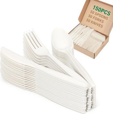 100% Compostable Cutlery Set, Disposable Cornstarch Utensils Heavy Duty BPI