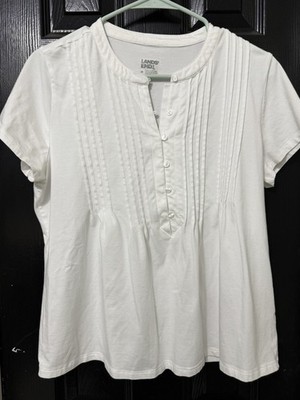 Lands End Lightweight Jersey Button Pintuck Top Size M White  Spandex  Cleangirl