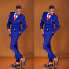 Royal Blue Men's Suits Double Breasted Peak Lapel Formal Wedding Tuxedos 2Pieces