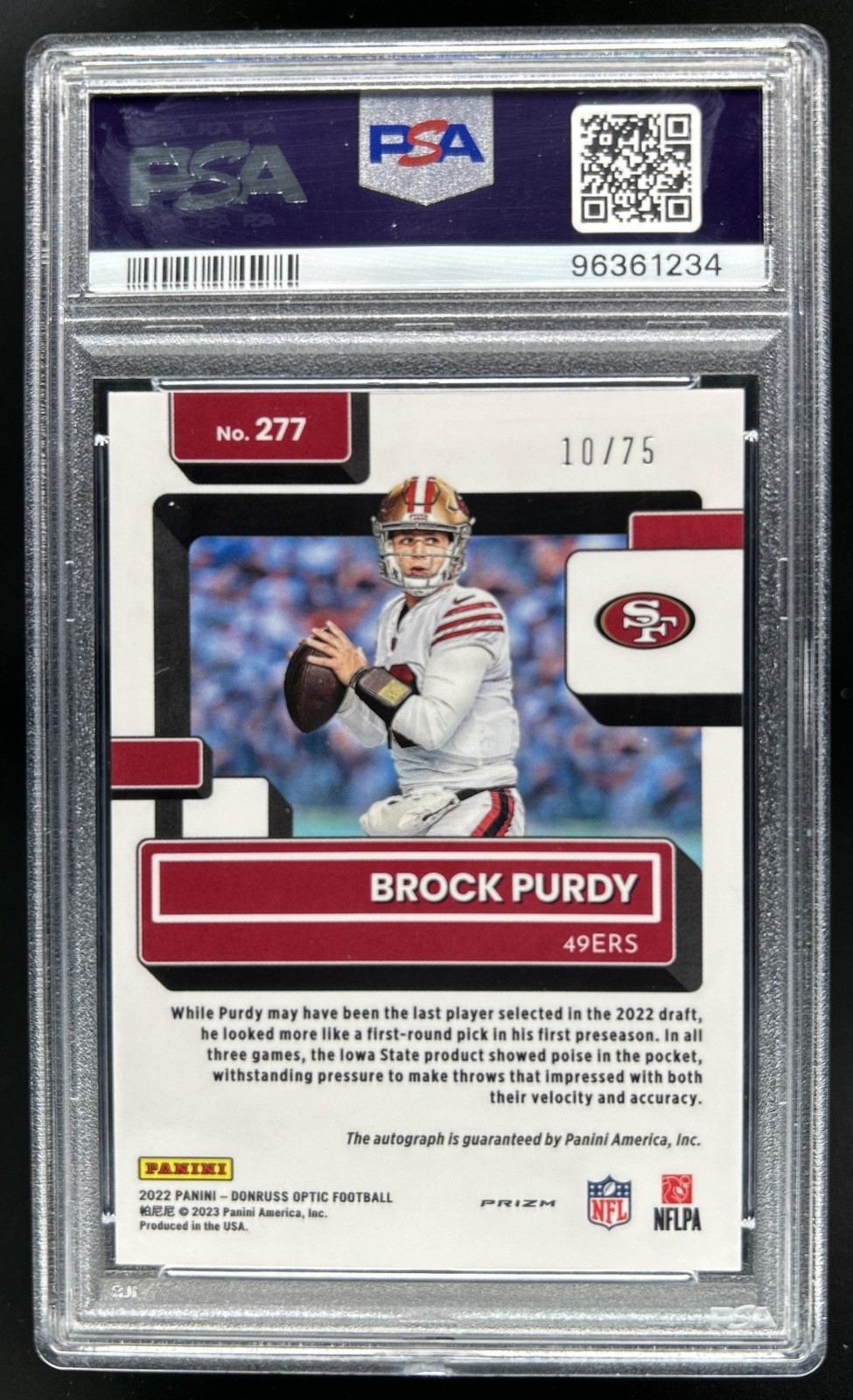 2022 Panini Donruss Optic Brock Purdy Rated Rookie Auto Red RC #/75 49ers PSA 9 view 2
