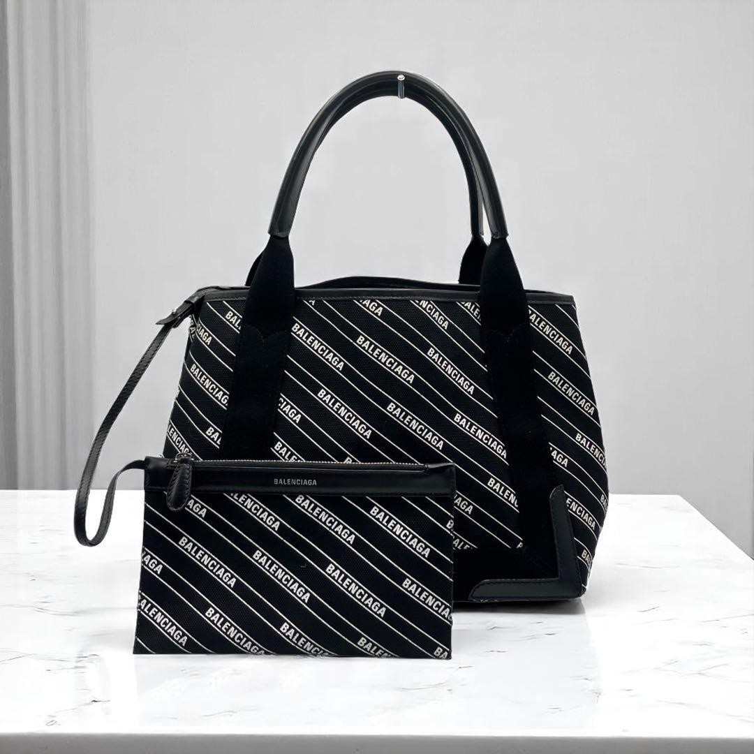 Balenciaga Navy Cabas Small Canvas Tote Handbag All-Over Pattern New